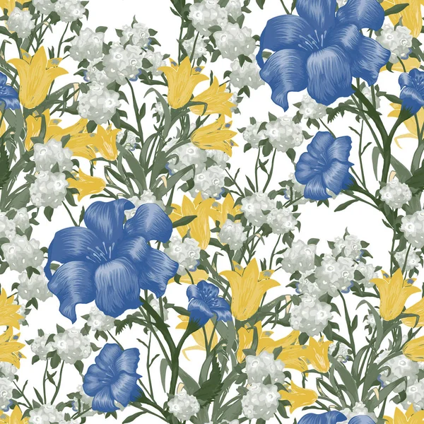 Floral Wallpaper Big Flowers Безшовні Візерунки Fuchsia Bluebell Мей Лілі — стоковий вектор