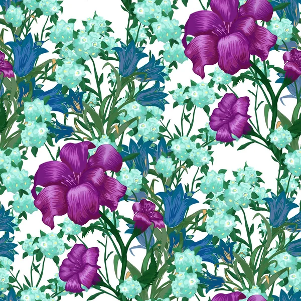 Floral Wallpaper Μεγάλα Λουλούδια Απρόσκοπτη Μοτίβο Fuchsia Bluebell Και Τον — Διανυσματικό Αρχείο