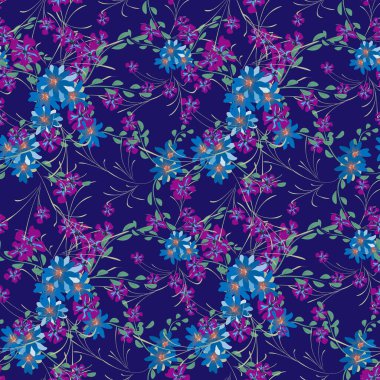 Menekşeli ve papatyalı desensiz çiçek deseni. Matbaa, Tekstil ve Çarşaf İçin Küçük Elementler. Ambalaj kağıdı için güzel bir model. Vektör Vahşi Çiçekler. Retro Biçiminde Renkli Uyum.