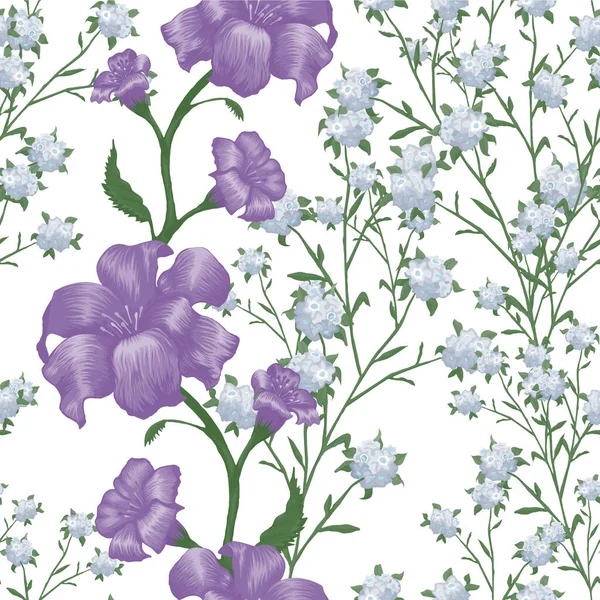 Floral Wallpaper Μεγάλα Λουλούδια Μοτίβο Χωρίς Ραφές Fuchsia Bluebell Και — Διανυσματικό Αρχείο