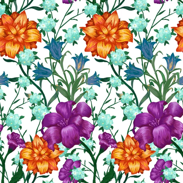 Květinová Tapeta Velkými Květinami Bezešvý Vzor Fuchsií Bluebellem Květnovou Lilií — Stockový vektor