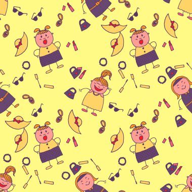 Moda elementleriyle Parlak Kusursuz Arkaplan. Modern çocuksu giysi, keten, çocuk bezi. Moda tarzında saf bir doku. Elleri Çizilmiş Kızlarla Kusursuz Desen. Vektör Kız Deseni.