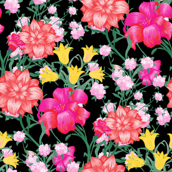 Floral Wallpaper with Big Flowers. Seamless Pattern with Fuchsia, Bluebell and May-lily for Print Dress Tablecloth. Vector Seamless Flowers. Modern Pattern. Colorful Rapport.