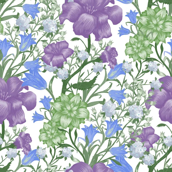 Tapeta Kwiatowa Dużymi Kwiatami Płynny Wzór Fuchsią Bluebell May Lily — Wektor stockowy