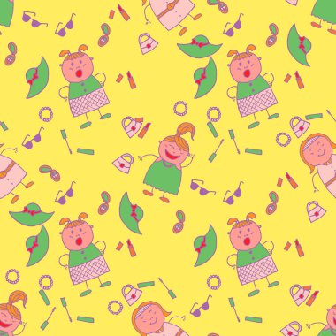 Modern çocuksu giysi, keten, çocuk bezi. Moda elementleriyle Parlak Kusursuz Arkaplan. Moda tarzında saf bir doku. Elleri Çizilmiş Kızlarla Kusursuz Desen. Vektör Kız Deseni.