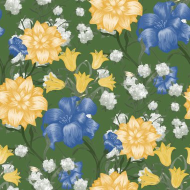 Büyük Çiçekli Çiçek Duvar Kağıdı. Fuchsia, Bluebell ve Perde Tekstili için mayıs zambağı desenli kusursuz desen. Retro Desen. Renkli uyum. Vektör Kusursuz Çiçekler.