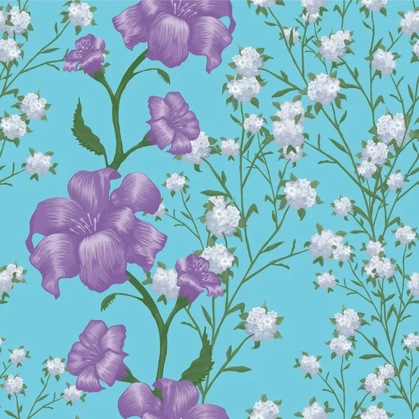 Floral Wallpaper Μεγάλα Λουλούδια Μοτίβο Χωρίς Ραφές Fuchsia Bluebell Και — Διανυσματικό Αρχείο