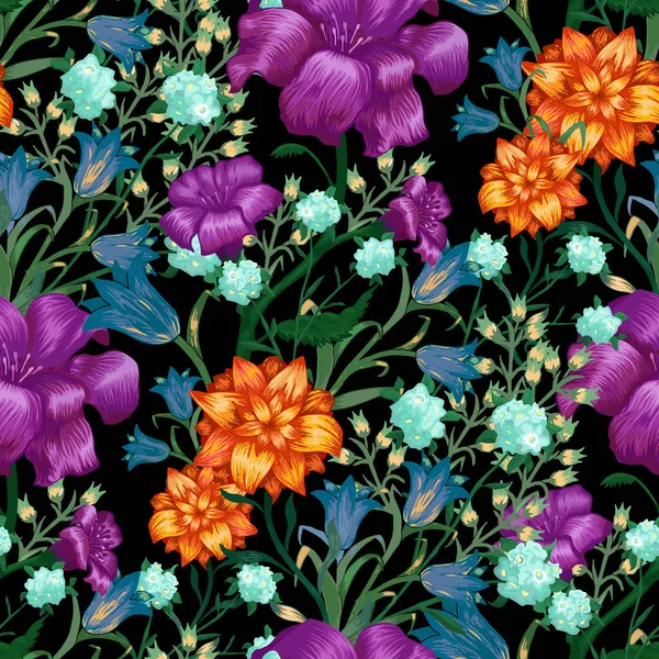 Květinová Tapeta Velkými Květinami Bezešvý Vzor Fuchsií Bluebellem Mej Lilií — Stockový vektor
