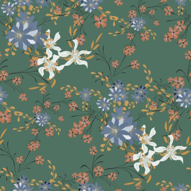 Menekşeli ve papatyalı desensiz çiçek deseni. Matbaa, Tekstil ve Çarşaf İçin Küçük Elementler. Ambalaj kağıdı için güzel bir model. Vektör Vahşi Çiçekler. Retro Biçiminde Renkli Uyum.