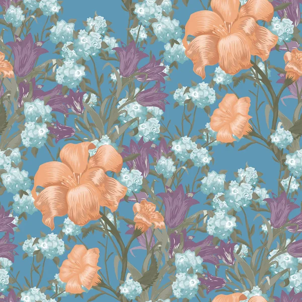 Floral Wallpaper Μεγάλα Λουλούδια Απρόσκοπτη Μοτίβο Fuchsia Bluebell Και Τον — Διανυσματικό Αρχείο