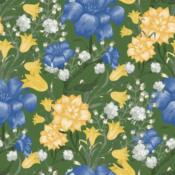 Büyük Çiçekli Çiçek Duvar Kağıdı. Fuchsia, Bluebell ve Matbaa Tekstili için nilüfer çiçeği desenli kusursuz desen. Klasik Şablon. Vektör Kusursuz Çiçekler. Renkli Uyum.