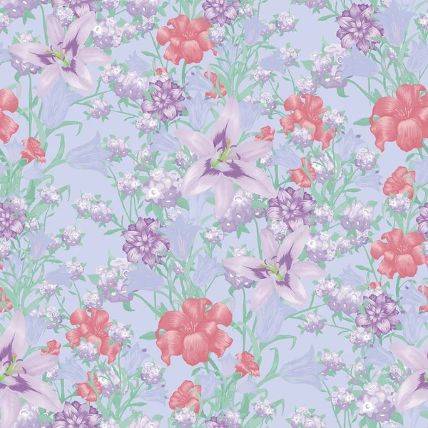 Floral Wallpaper Mit Großen Blumen Nahtloses Muster Mit Lilie Bluebell — Stockvektor