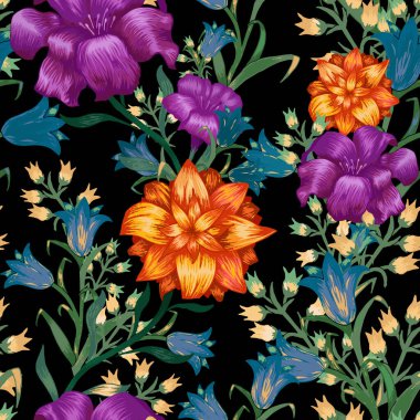 Büyük Çiçekli Çiçek Duvar Kağıdı. Fuchsia, Bluebell ve mayıs zambağı ile kusursuz desenli gömlek baskısı. Vektör Kusursuz Çiçekler. Renkli uyum. Modern Desen.