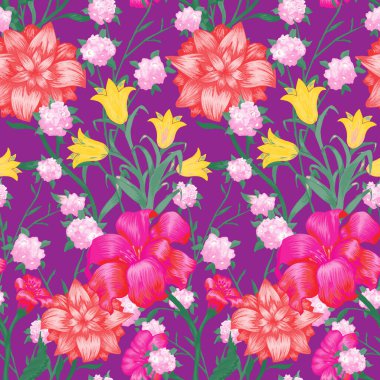 Büyük Çiçekli Çiçek Duvar Kağıdı. Fuchsia, Bluebell ve kumaş etek için zambak desenli kusursuz desen. Renkli uyum. Klasik Şablon. Vektör Kusursuz Çiçekler.