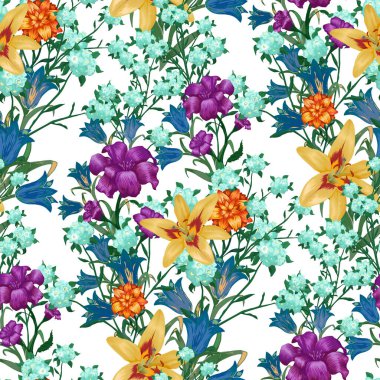 Büyük Çiçekli Çiçek Duvar Kağıdı. Lily, Bluebell ve maydanoz çiçekli mayo desenli mayo mayo mayo mayo elbisesi. Vektör Kusursuz Çiçekler. Modern Düzen. Renkli Uyum.