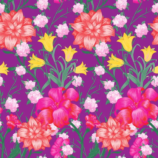 Floral Wallpaper Μεγάλα Λουλούδια Μοτίβο Χωρίς Ραφές Fuchsia Bluebell Και — Διανυσματικό Αρχείο