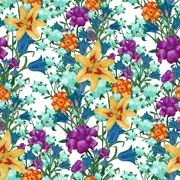 Květinová Tapeta Velkými Květinami Bezešvé Vzor Lily Bluebell May Lily — Stockový vektor
