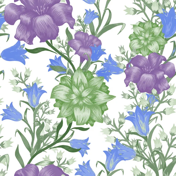 Floral Wallpaper Μεγάλα Λουλούδια Μοτίβο Χωρίς Ραφές Fuchsia Bluebell Και — Διανυσματικό Αρχείο