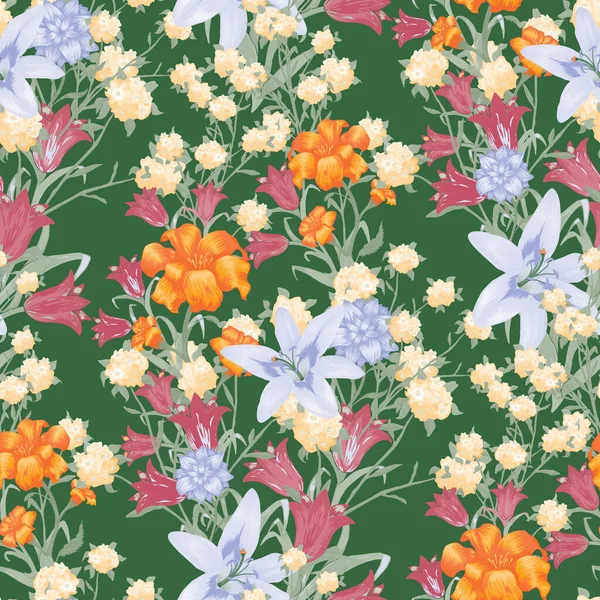 大きな花と花の壁紙 リリー ブルーベル メイリーユリの布の壁紙シャツのためのシームレスなパターン カラフルな報告書 ヴィンテージパターン ベクトルシームレス花 — ストックベクタ