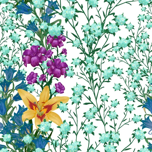 Floral Wallpaper Μεγάλα Λουλούδια Απρόσκοπτη Μοτίβο Κρίνο Bluebell Και Τον — Διανυσματικό Αρχείο