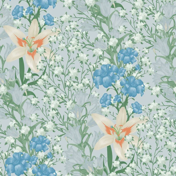 Floral Wallpaper Mit Großen Blumen Nahtloses Muster Mit Lilie Bluebell — Stockvektor