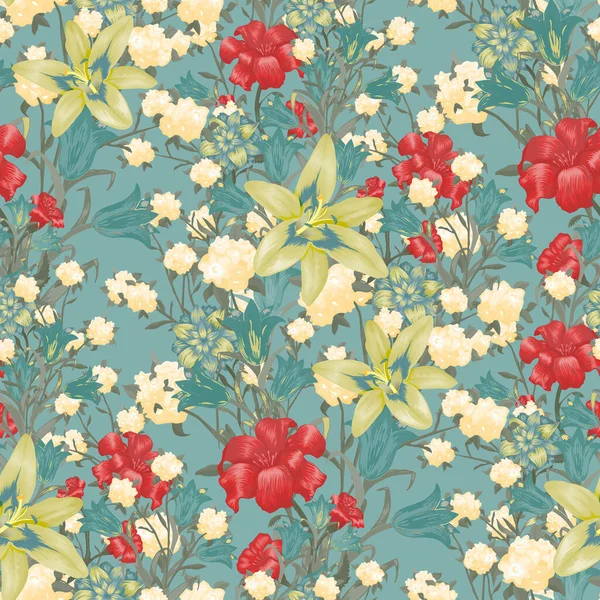 Floral Wallpaper Mit Großen Blumen Nahtlose Muster Mit Lilie Bluebell — Stockvektor