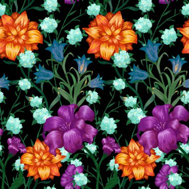 Büyük Çiçekli Çiçek Duvar Kağıdı. Fuchsia, Bluebell ve keten duvar kâğıdı mayo mayo mayo mayo desenli mayo. Renkli uyum. Vektör Kusursuz Çiçekler. Modern Desen.