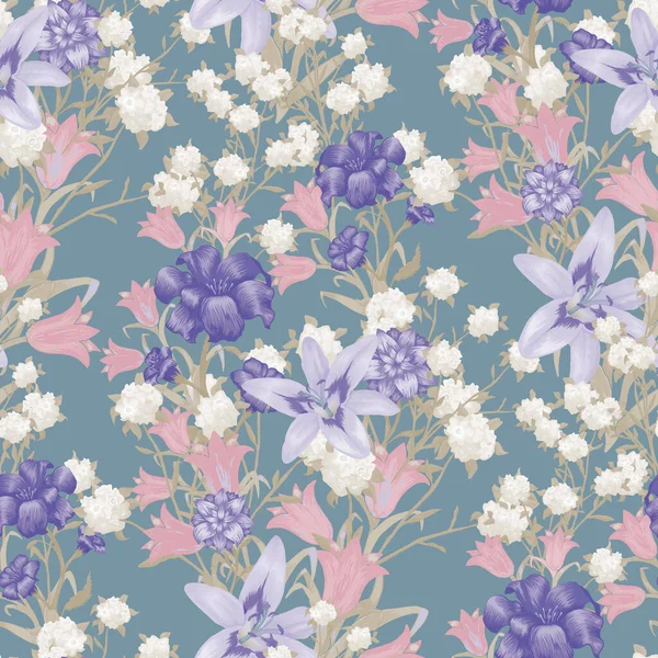 Floral Wallpaper Μεγάλα Λουλούδια Μοτίβο Χωρίς Ραφές Lily Bluebell Και — Διανυσματικό Αρχείο