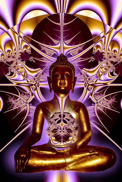 Zlatá Socha Buddhy Fantastickém Pozadí — Stock fotografie