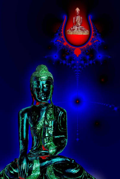Egy Zöld Buddha Szobor Fantasztikus Háttérrel — Stock Fotó