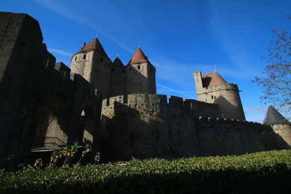 Hradby Středověkého Města Carcassonne Jihu Francie — Stock fotografie