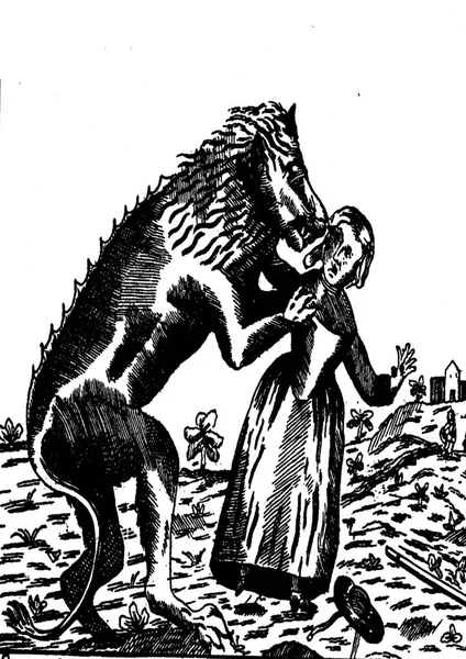 Engraving Beast Gevaudan Attacking Young Woman Century Book — Stock Photo, Image