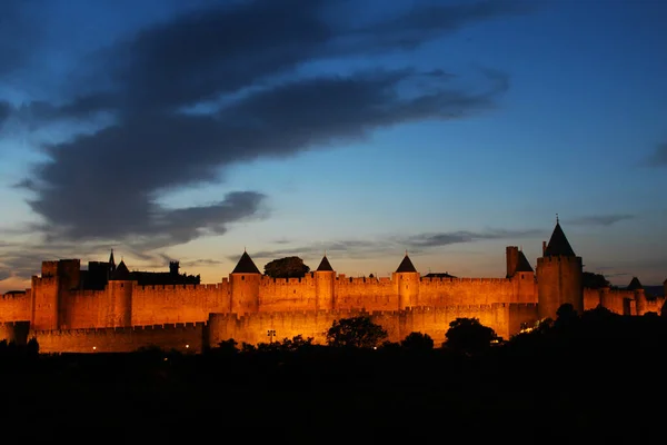 Vista General Ciudad Medieval Carcasona Por Noche —  Fotos de Stock