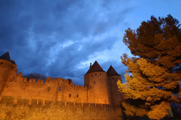 Muralhas Cidade Medieval Carcassone Com Árvores Noite — Fotografia de Stock