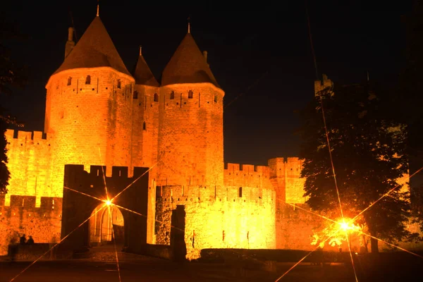 Portão Entrada Para Cidade Medieval Carcassonne Noite — Fotografia de Stock
