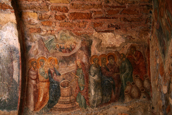 religious frescoes in a byzantine monastery located on the hill of mystra near sparta in greece