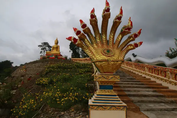 Eine Große Goldene Buddha Statue Mit Einer Gasse Goldener Schlangen — Stockfoto