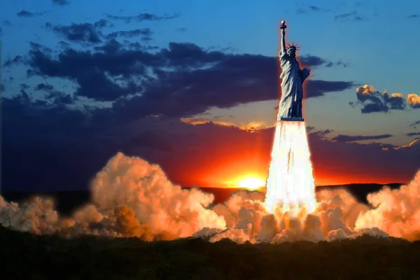 ロケットのように動く自由の女神のシュールで想像上のイメージ — ストック写真