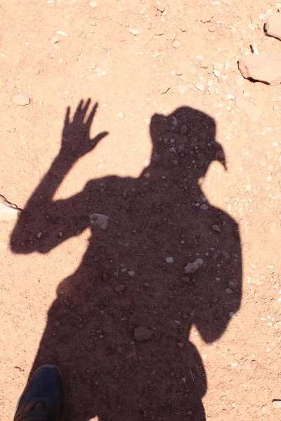 the shadow of a man raising his hand on a rocky ground
