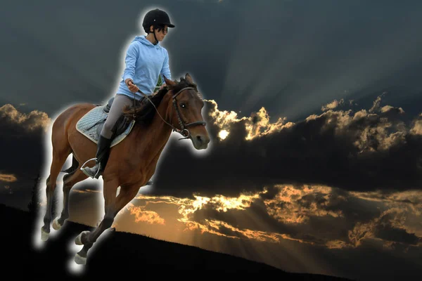 Surreal Image Horsewoman Sunset — Stock Photo, Image