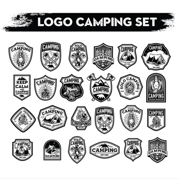 Diseño Del Logo Camping Senderismo Vida Aventura Tienda Set Vectores — Vector de stock