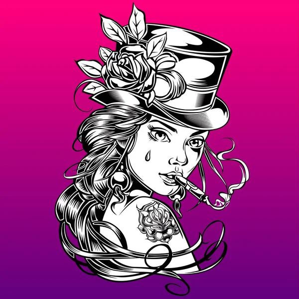 Girl Hat Rose Retro Smoke Drawing Vector - Stok Vektor