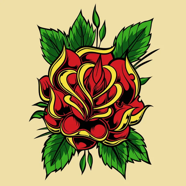 Rose Tatouage Vintage Rouge Vert Vecteur — Image vectorielle