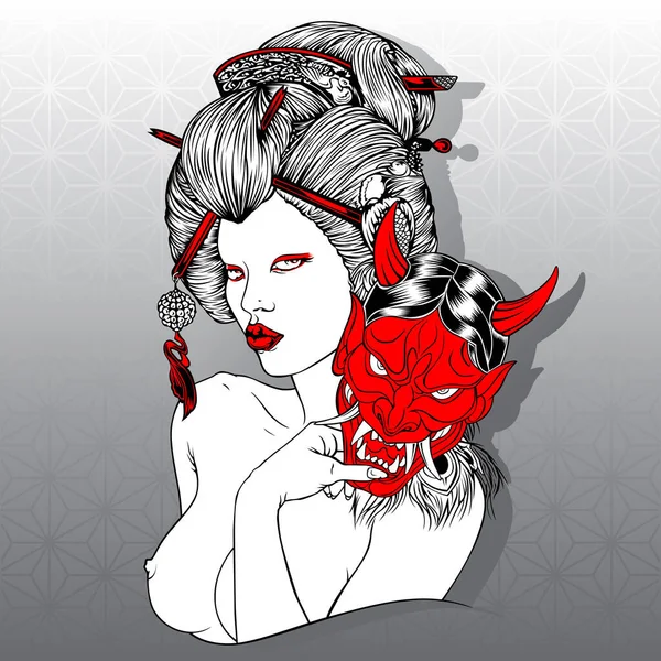 Geisha Diablo Máscara Rojo Chica Hermosa Japón Vector — Archivo Imágenes Vectoriales