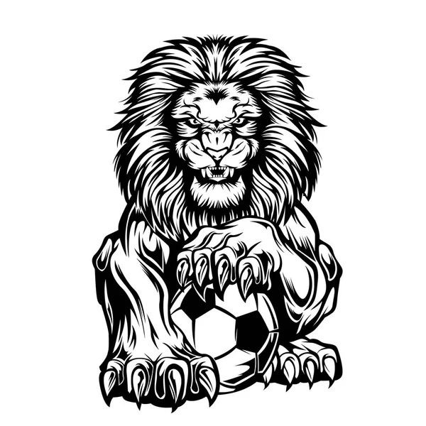 狮子愤怒的踢足球 画出黑白矢量插画 — 图库矢量图片