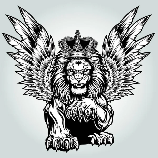 狮子愤怒的国王画黑白翅膀苍蝇矢量插画 — 图库矢量图片