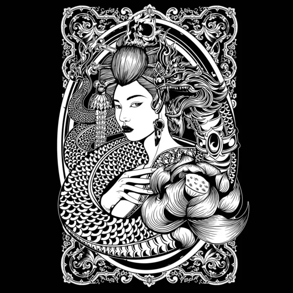 Geisha King Nagas Thailand Lotus Татуювання Вектор Черепа Japan Чорному — стоковий вектор