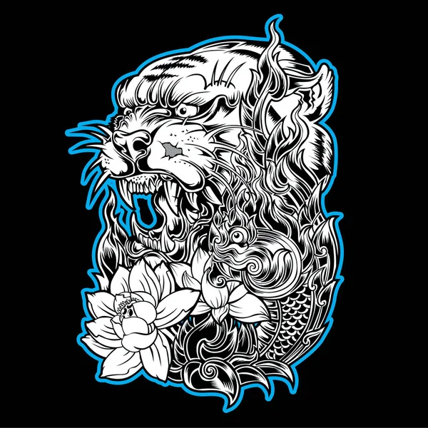 Tiger Naga Lotus Thajsko Tetování Kreslení Černá Design Vektor — Stockový vektor