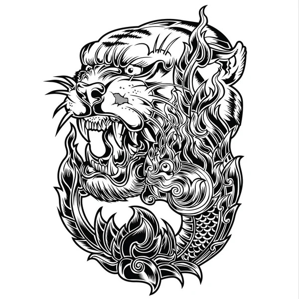 Tiger Naga Thailand Tattoo Drawing Design Vector — Stock Vector