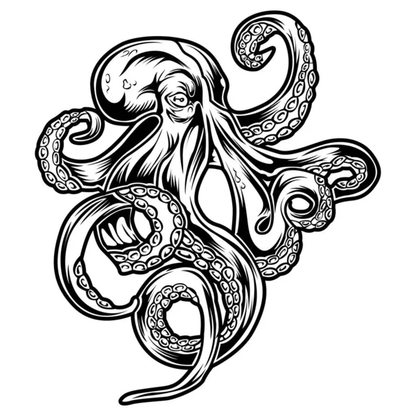 Černobílý Vektorový Ilustrátor Kresby Octopus — Stockový vektor